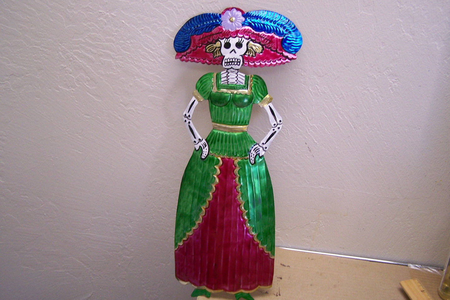 Colorful Shiny Painted Tin Day of the Dead Large Catrina Female Skeleton Wall Hanging - Various Colors