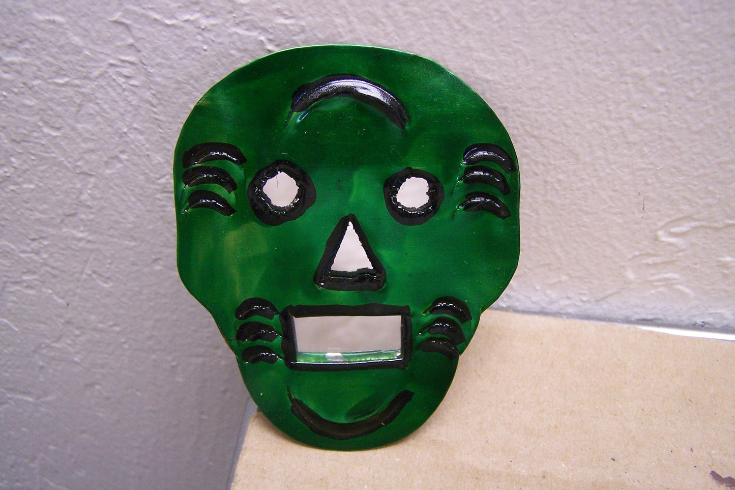 Hand-Hammered Tin Painted Skull with Mirror Background - Green - Mexico