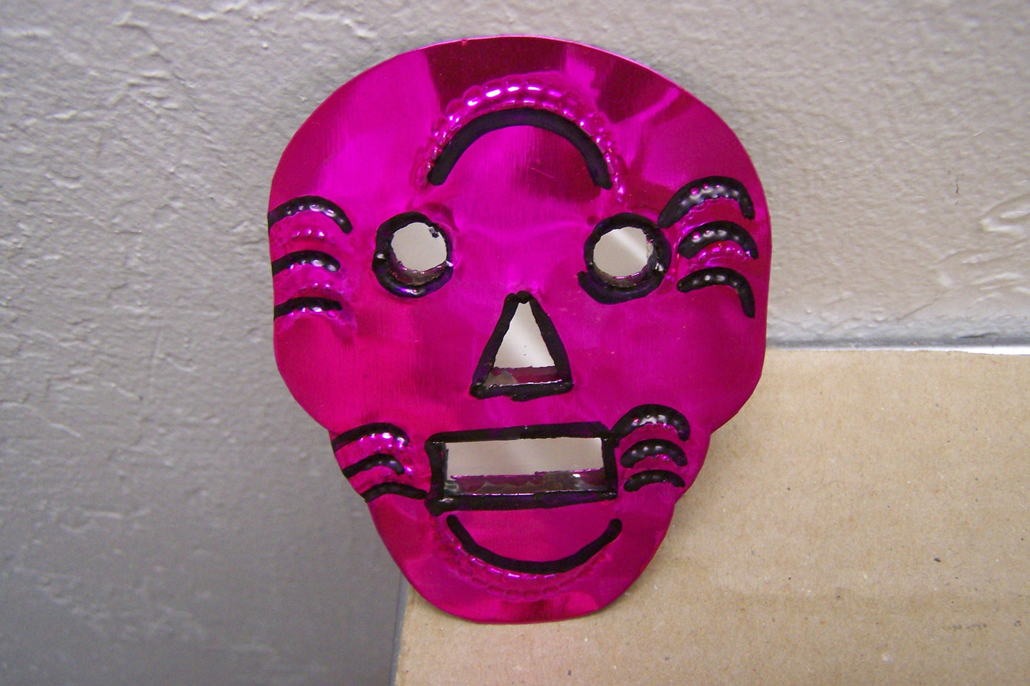 Hand-Hammered Tin Painted Skull with Mirror Background - Pink - Mexico