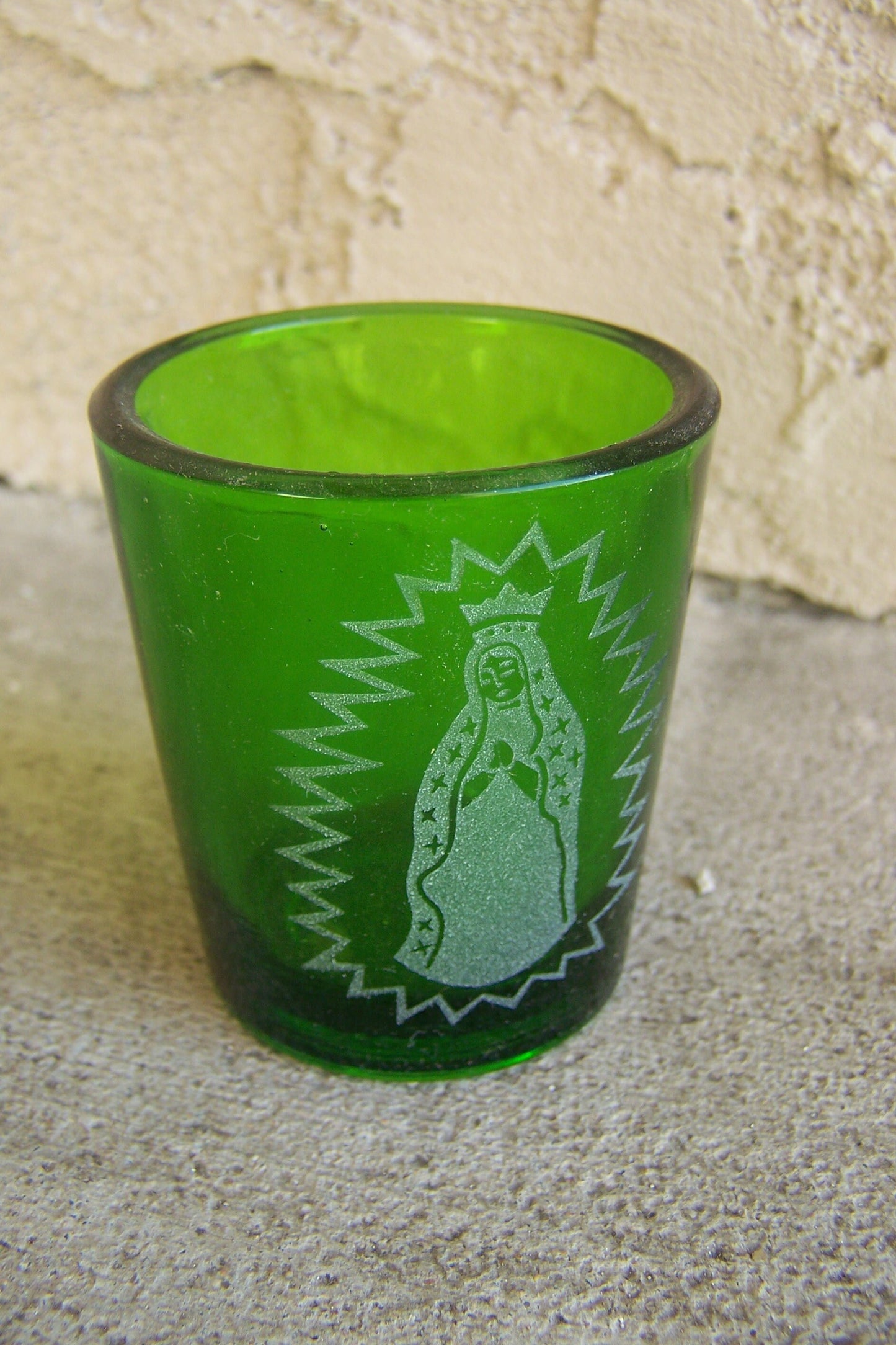 Glass Etched Guadalupe Shot Glass Votive Candleholder - Green