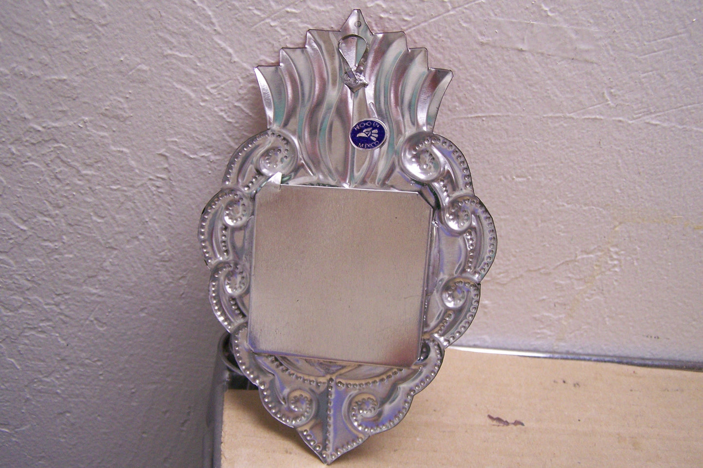 Tin Painted Sacred Heart Mirror - Scrolled Edges - Mexico