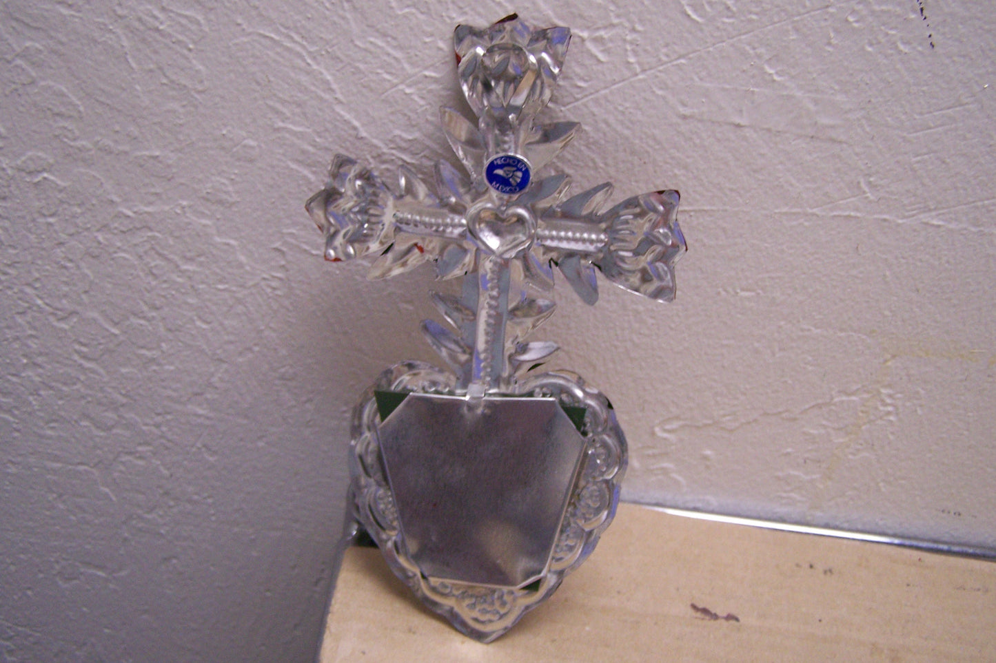 Tin Painted Sacred Heart Mirror - Foliated Cross - Mexico