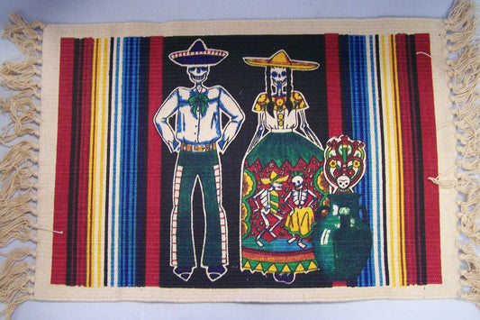 Cotton Place Mats Set - Lot of 6 Day of the Dead Couple, Muertos, Type II