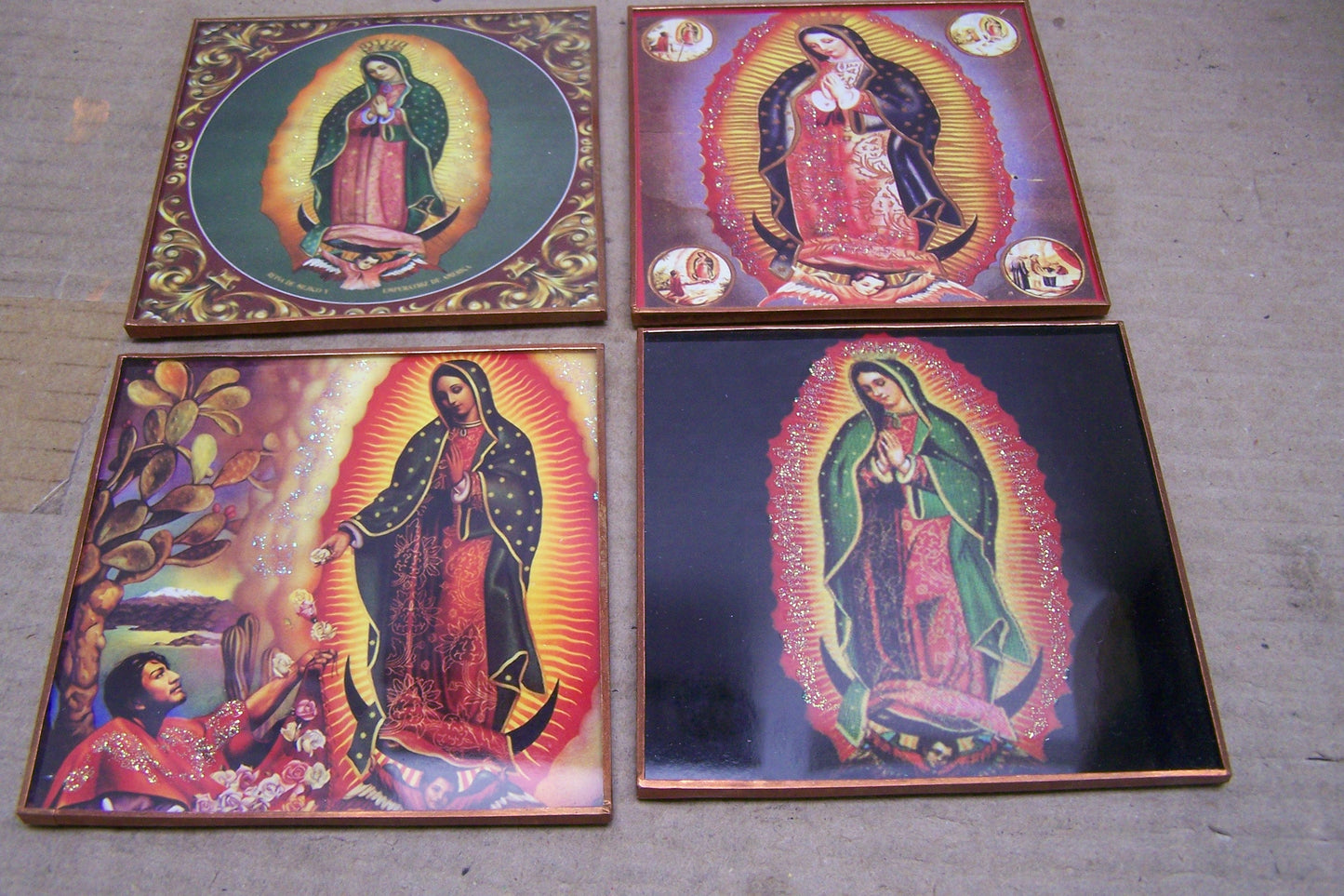 Coasters Set, Glass with Copper Borders - Lot of 4 Virgin of Guadalupe Images