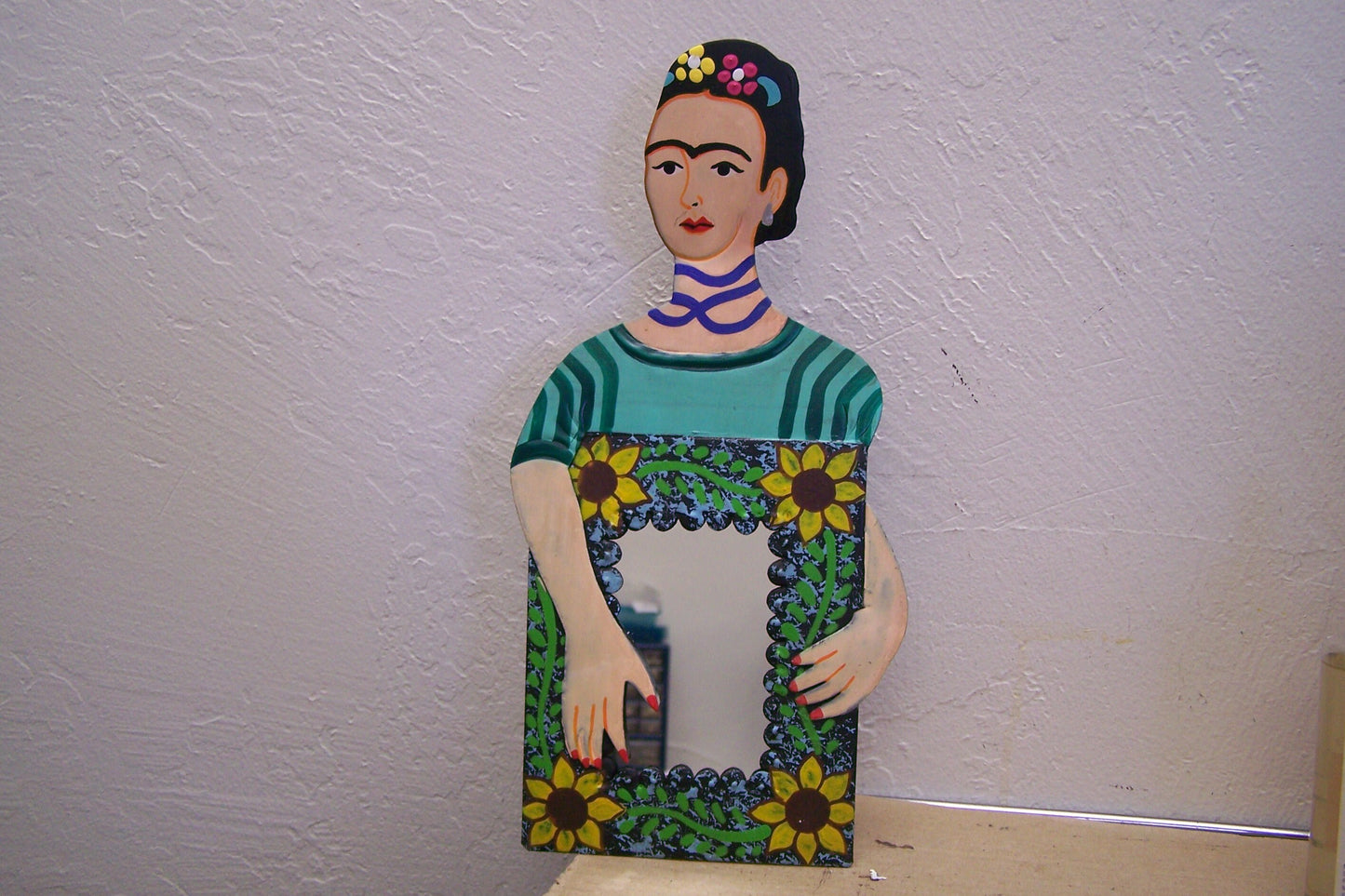 FRIDA! Painted Frida Kahlo Tin Stand-up Mirror, Sunflower Flame, Green Blouse - Mexico