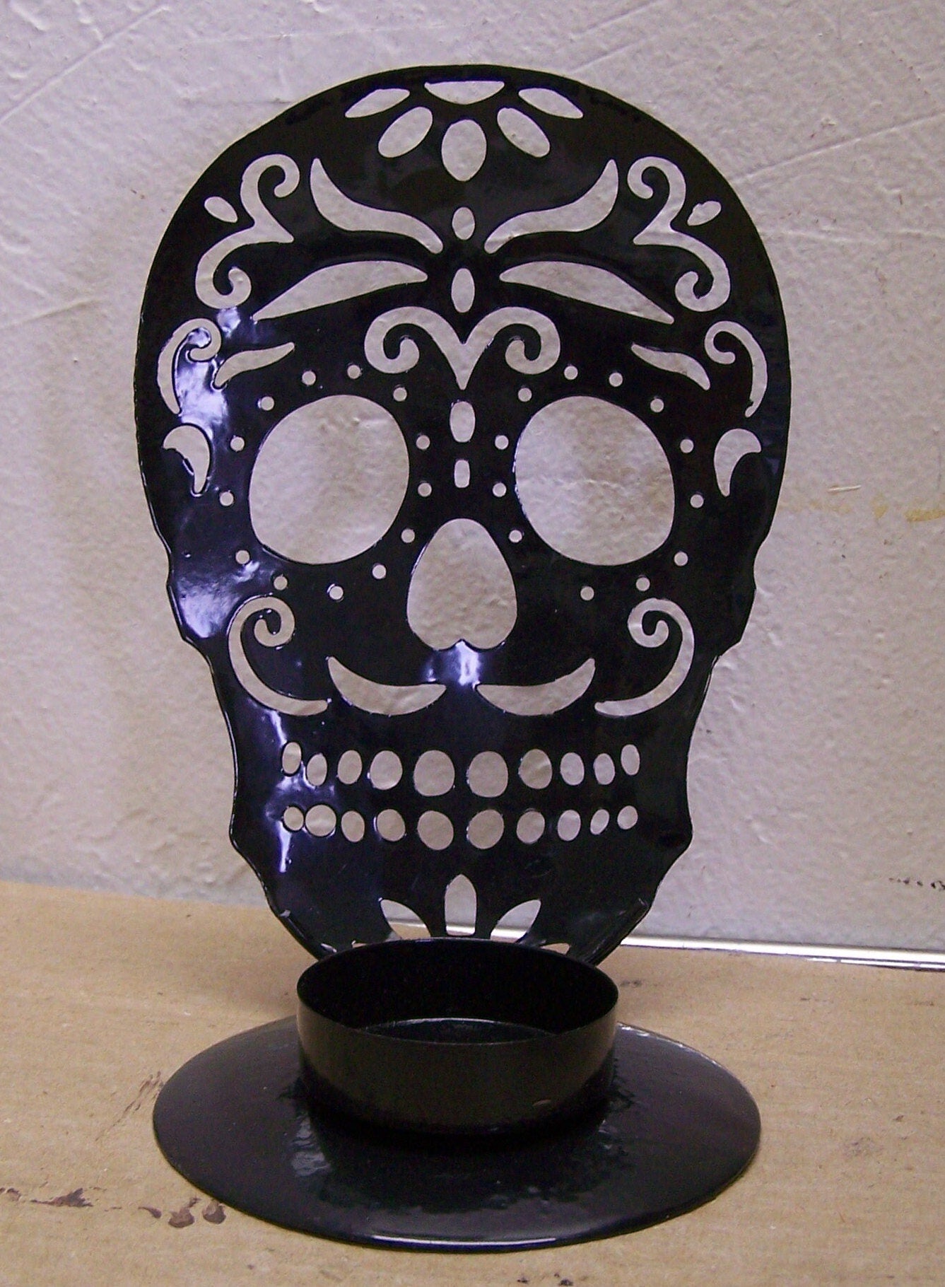 Day of the Dead Sugar Skull Metal Tabletop Candle Holder - Black