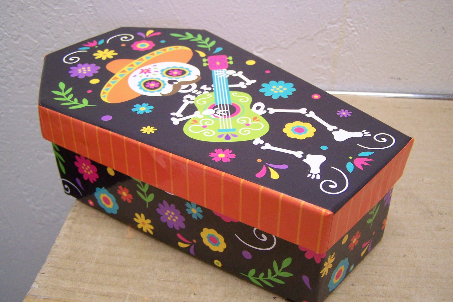 Day of the Dead Cardboard Lidden Coffin Box - Skeleton Guitarist