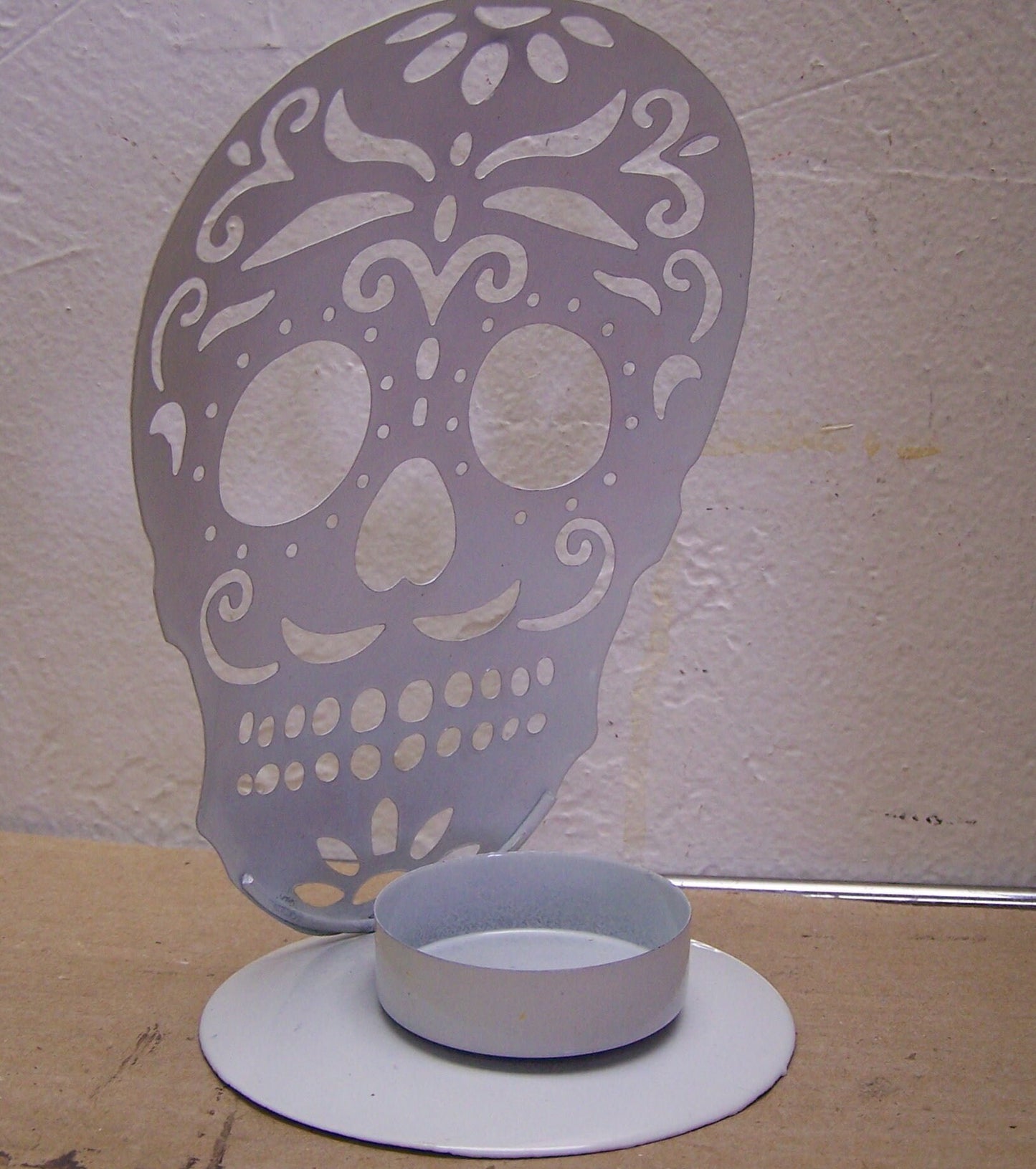 Day of the Dead Sugar Skull Metal Tabletop Candle Holder - White