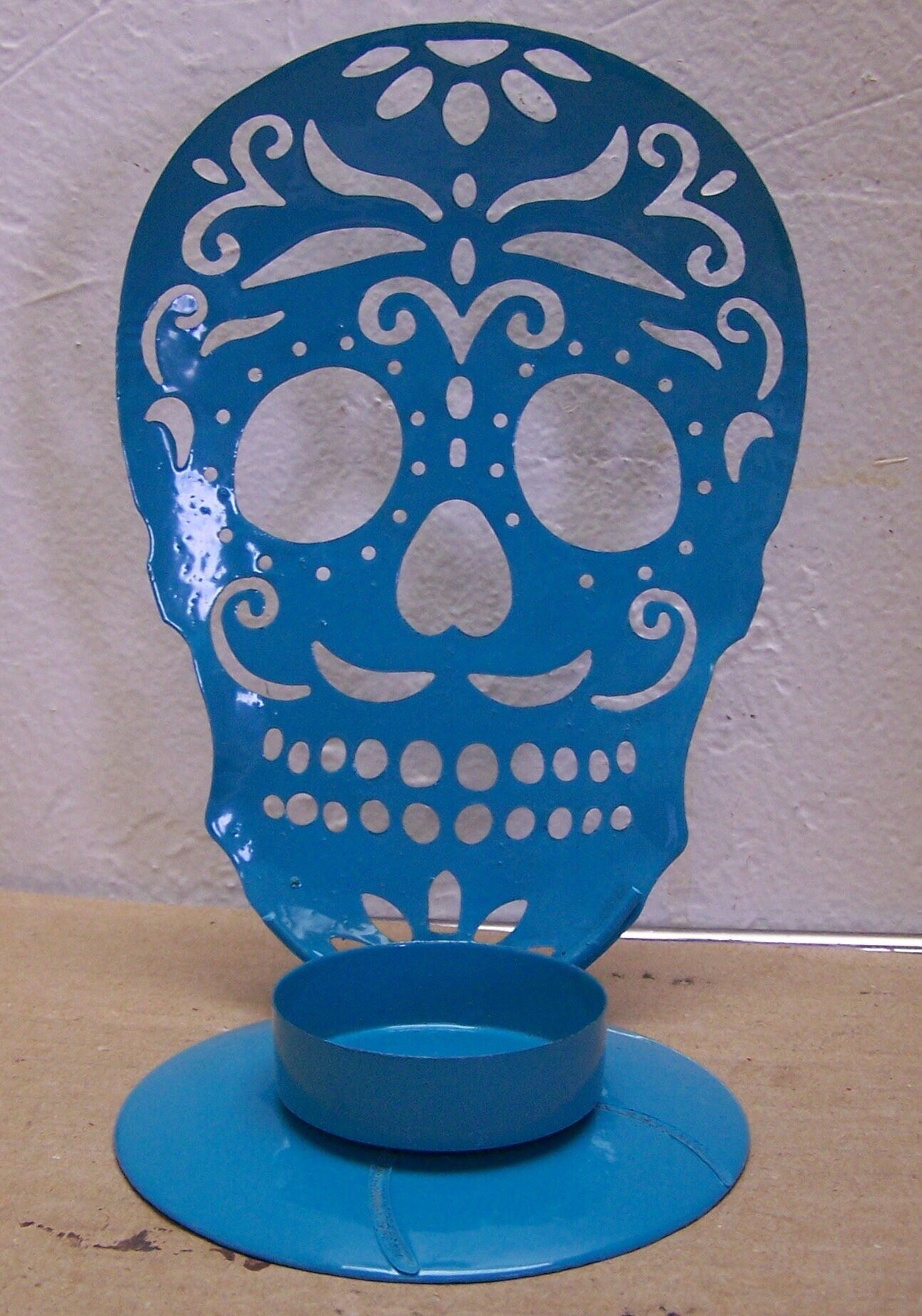 Day of the Dead Sugar Skull Metal Tabletop Candle Holder - Turquoise