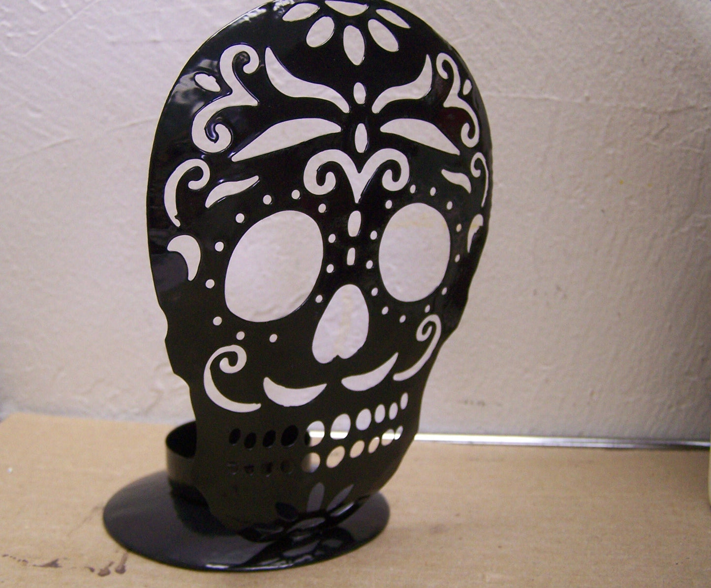 Day of the Dead Sugar Skull Metal Tabletop Candle Holder - Black