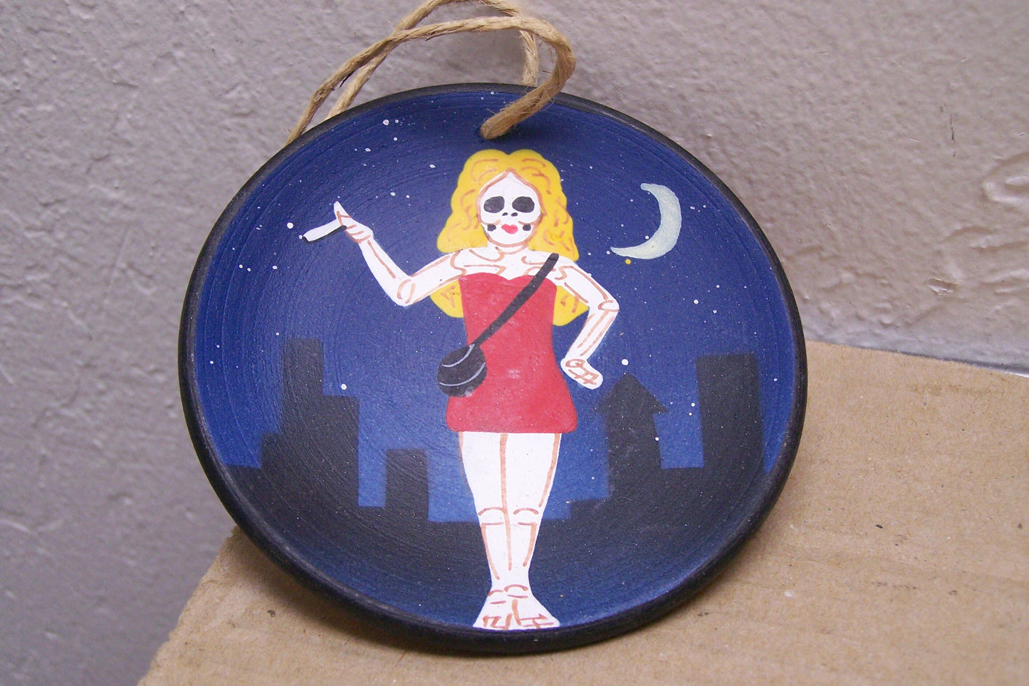 Day of the Dead Painted Clay Plate Ornament - Skeleton Woman About Town