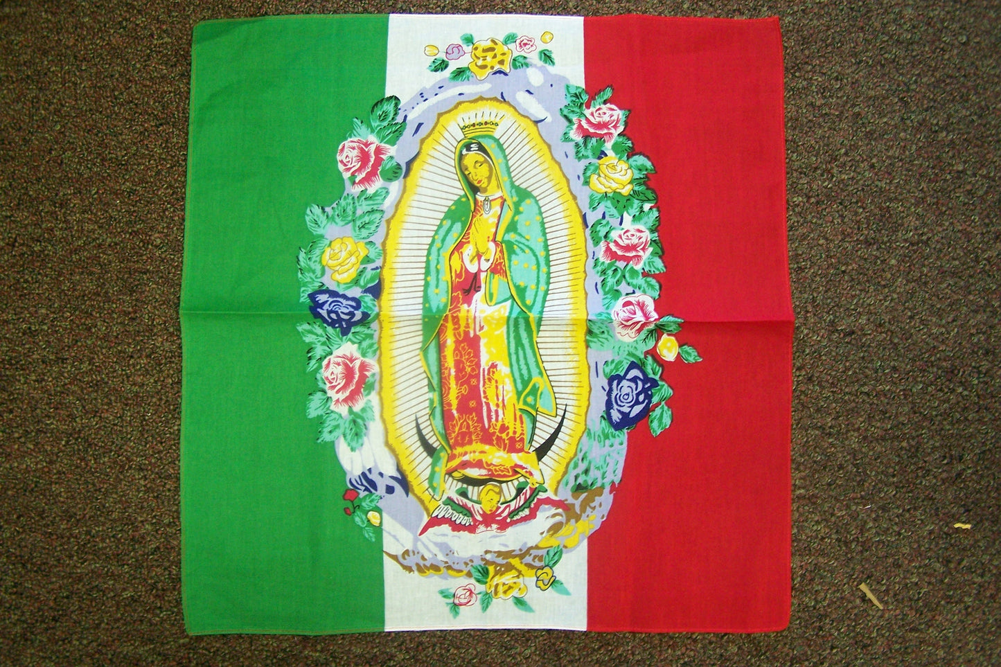 Virgin of Guadalupe Cotton Bandana - Mexican Flag - 21.5" by 21.5"