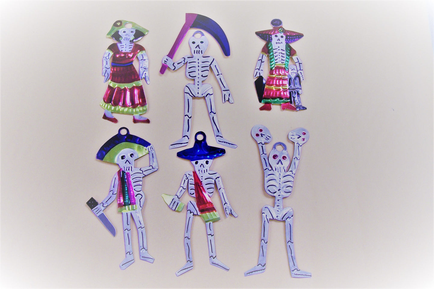 Lot of 6 Different Tin Painted Day of the Dead Skeleton Ornaments - Mexico