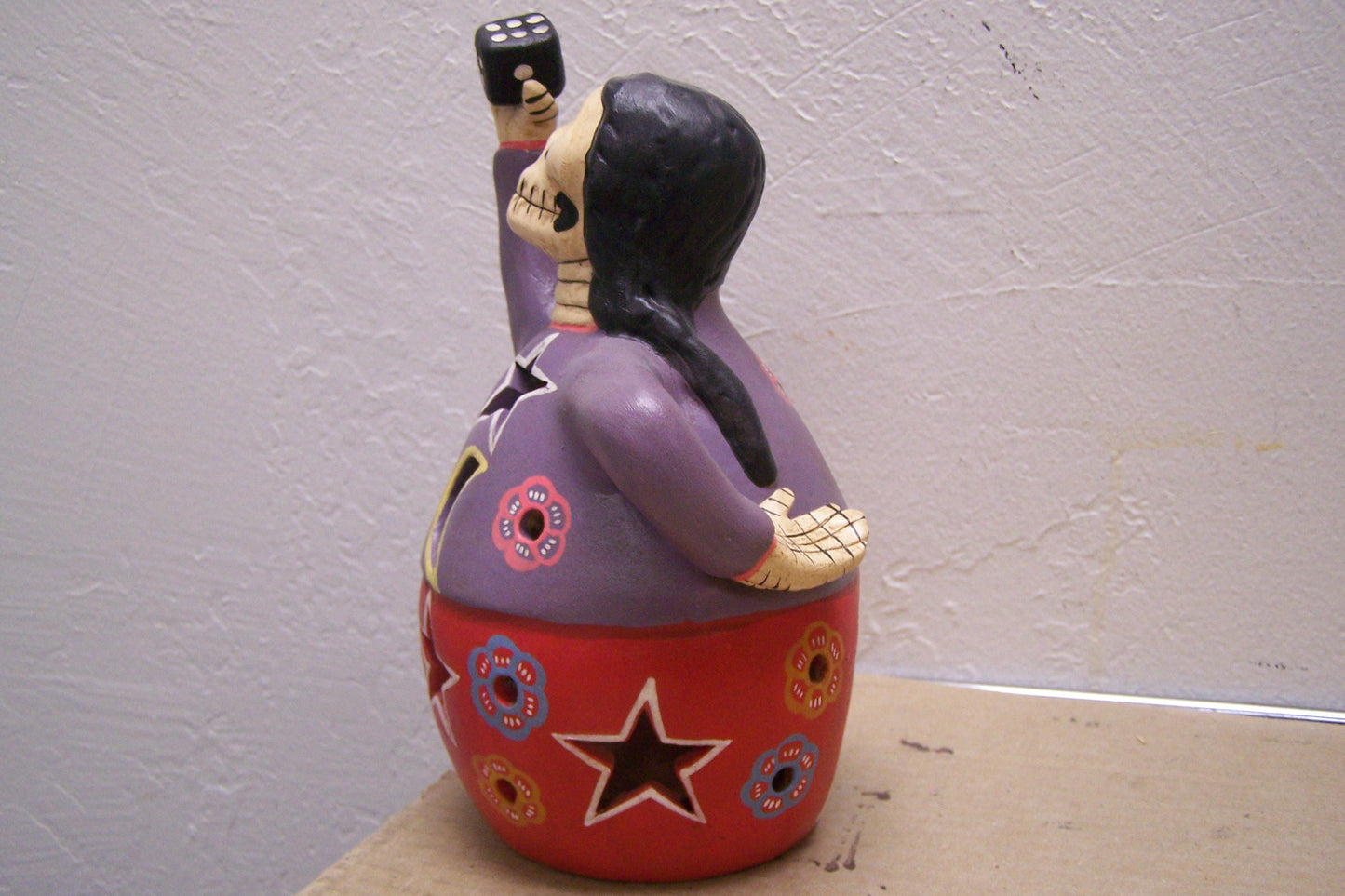 Day of the Dead Clay Skeleton Good Luck Dice Woman Figurine Luminaria