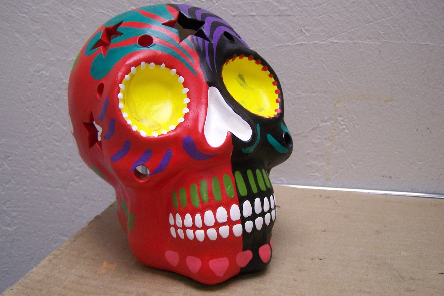 Large Painted Day of the Dead Skull Luminaria - Red/Black