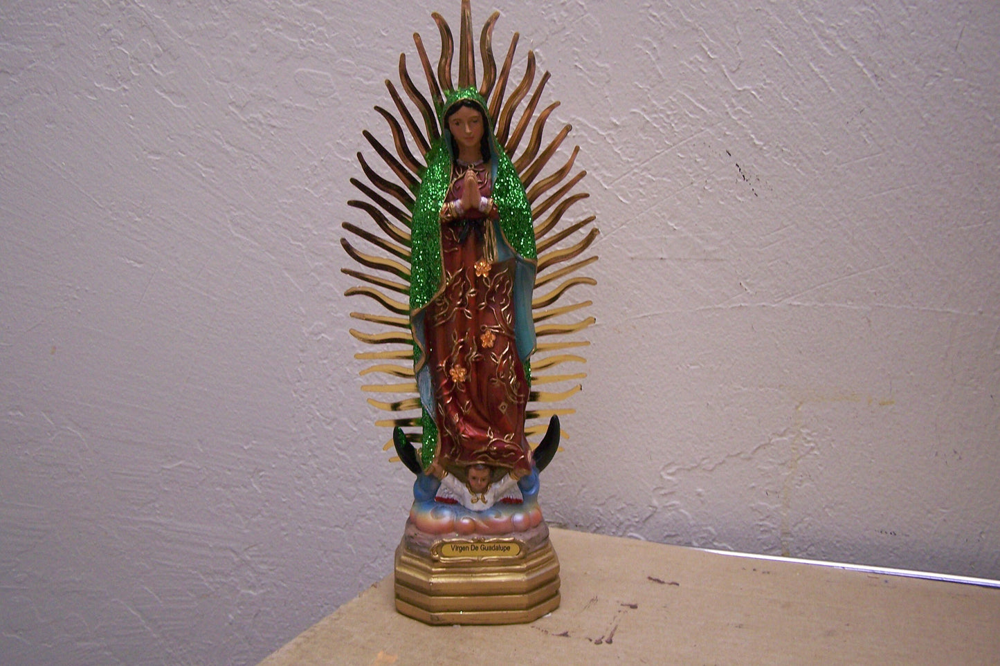 Virgin of Guadalupe 9.5" Resin Altarpiece Statue - Green Glitter