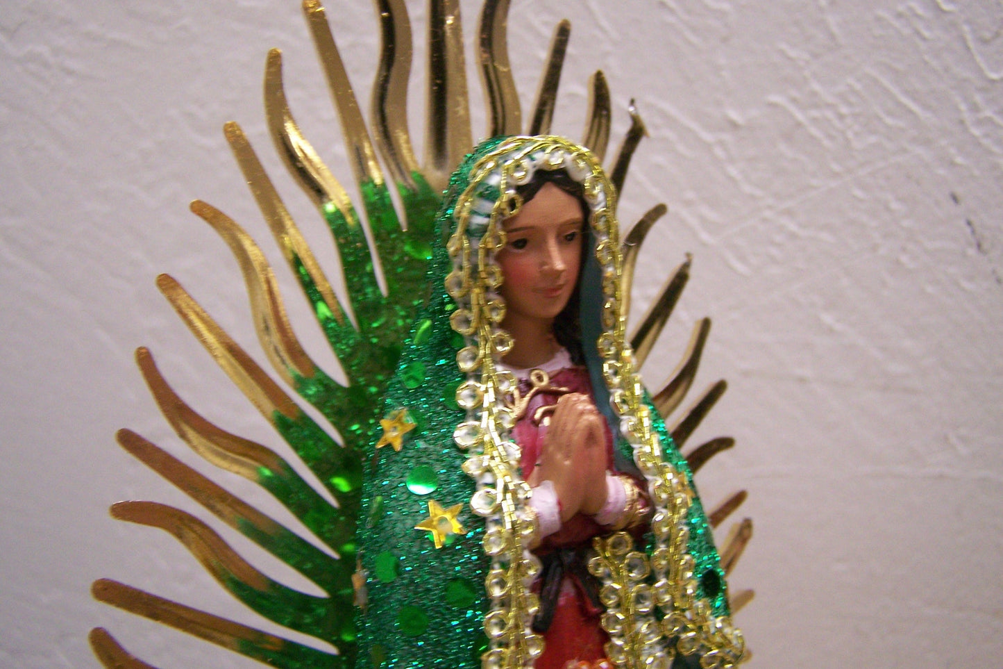 Virgin of Guadalupe 9.5" Resin Altarpiece Statue - Green Cloth Cloak