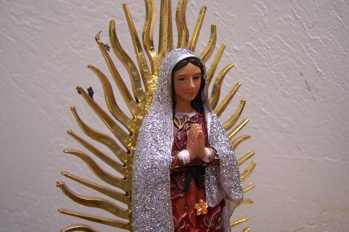 Virgin of Guadalupe 9.5" Resin Altarpiece Statue - Silvery Glitter