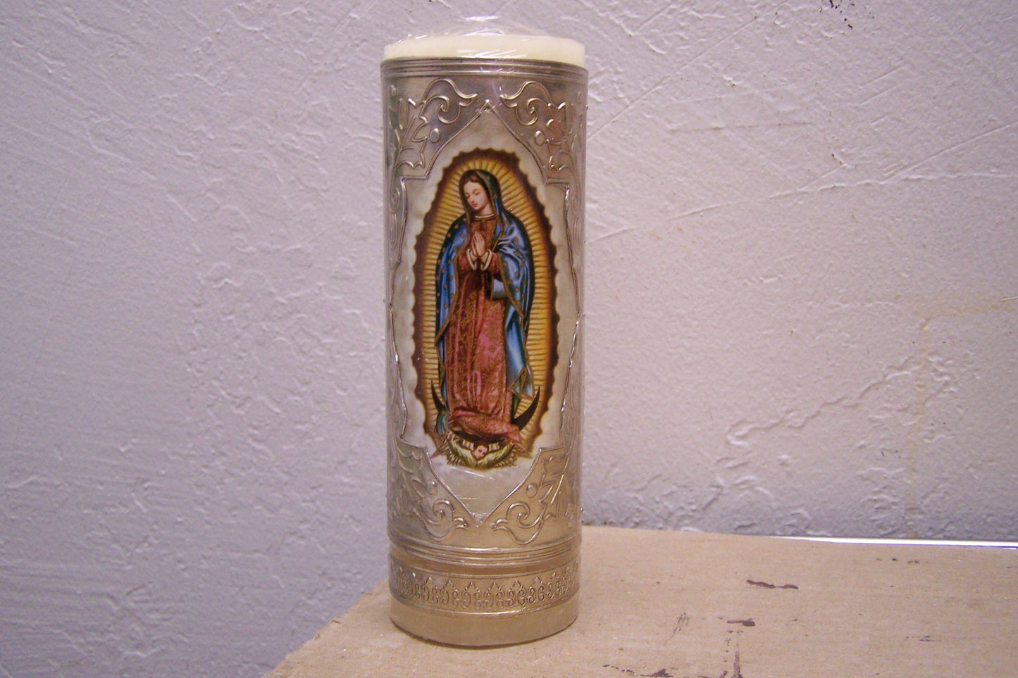Virgin of Guadalupe 6" Votive Candle with Metal Repujado/Repoussé Accents