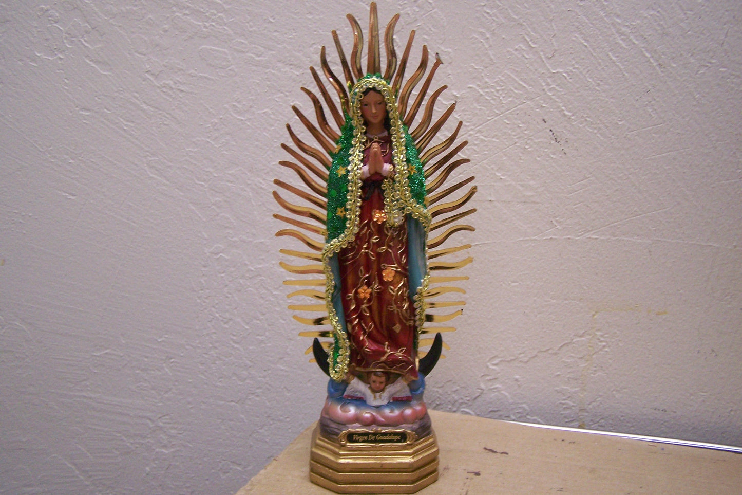 Virgin of Guadalupe 9.5" Resin Altarpiece Statue - Green Cloth Cloak