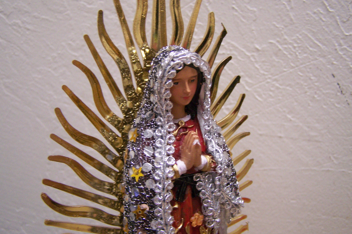 Virgin of Guadalupe 9.5" Resin Altarpiece Statue - Silvery Cloth Cloak