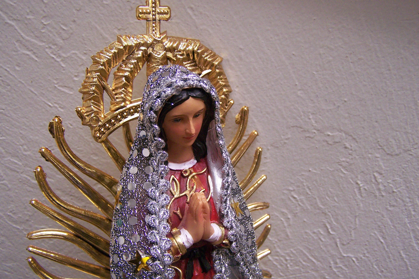 Virgin of Guadalupe 13" Resin Altarpiece Statue - Silvery Cloth Cloak