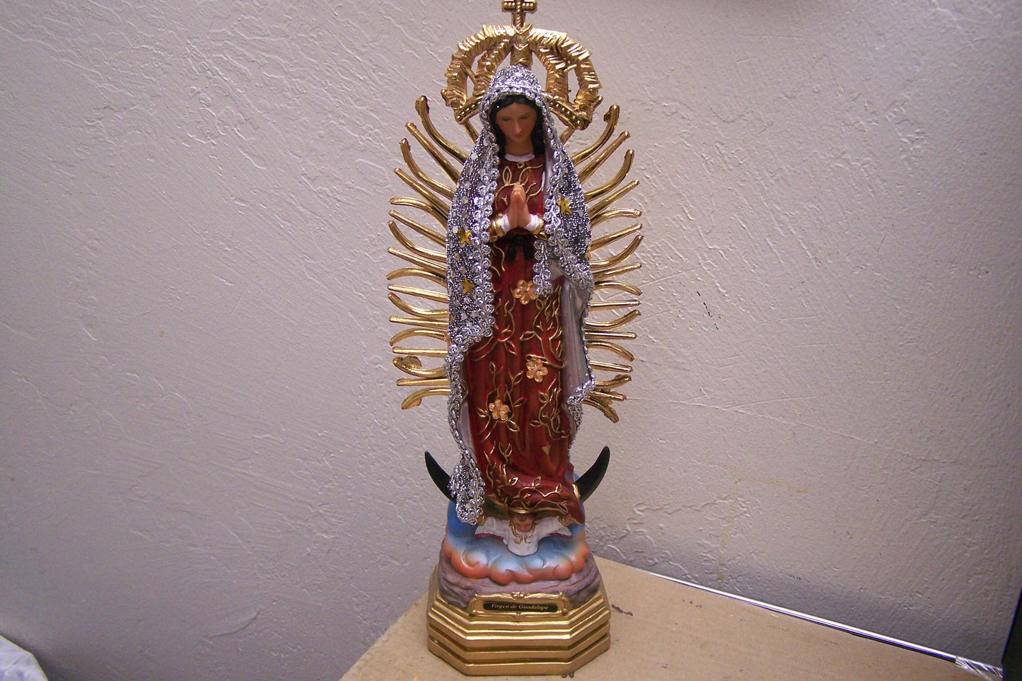Virgin of Guadalupe 13" Resin Altarpiece Statue - Silvery Cloth Cloak