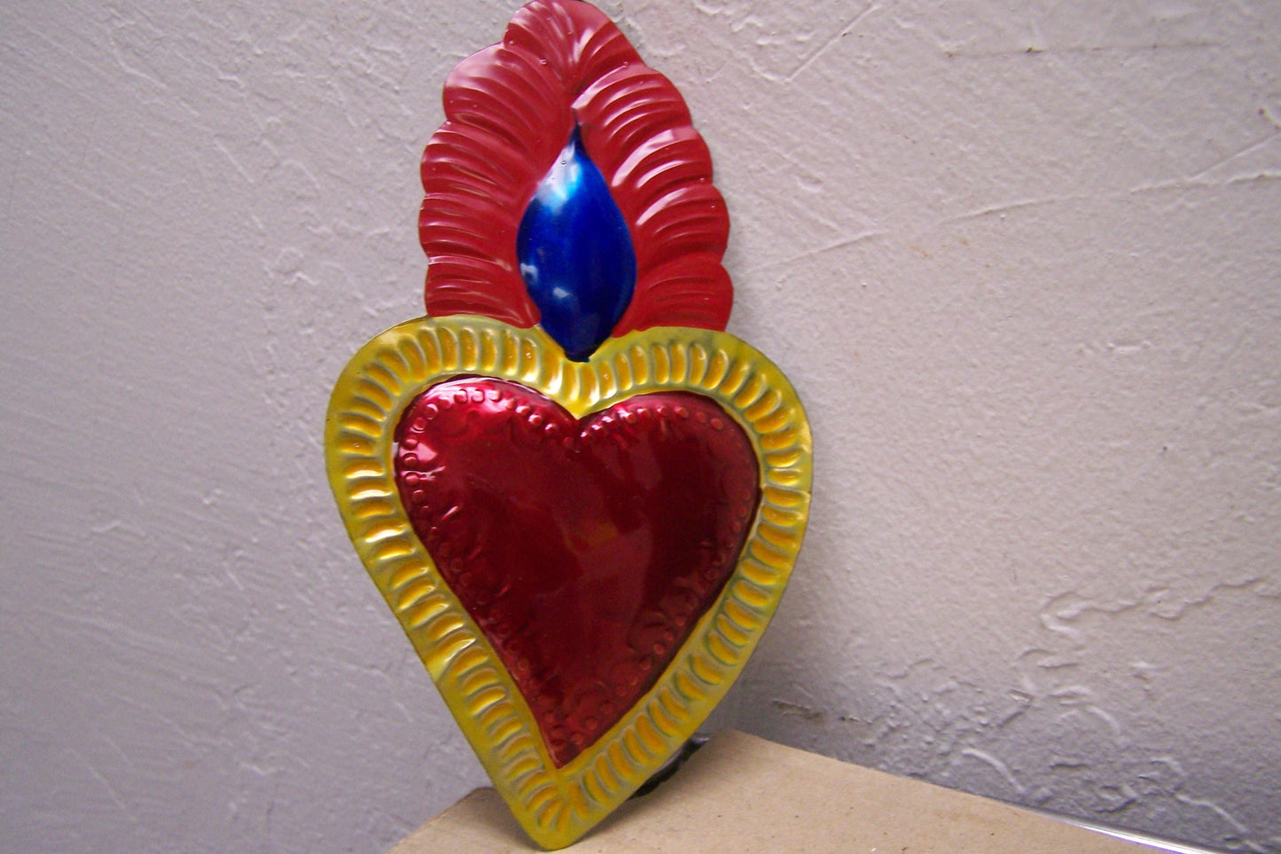 Large Painted Tin Sacred Heart with Blue & Dark Orange Flame Milagro Ex Voto - Mexico