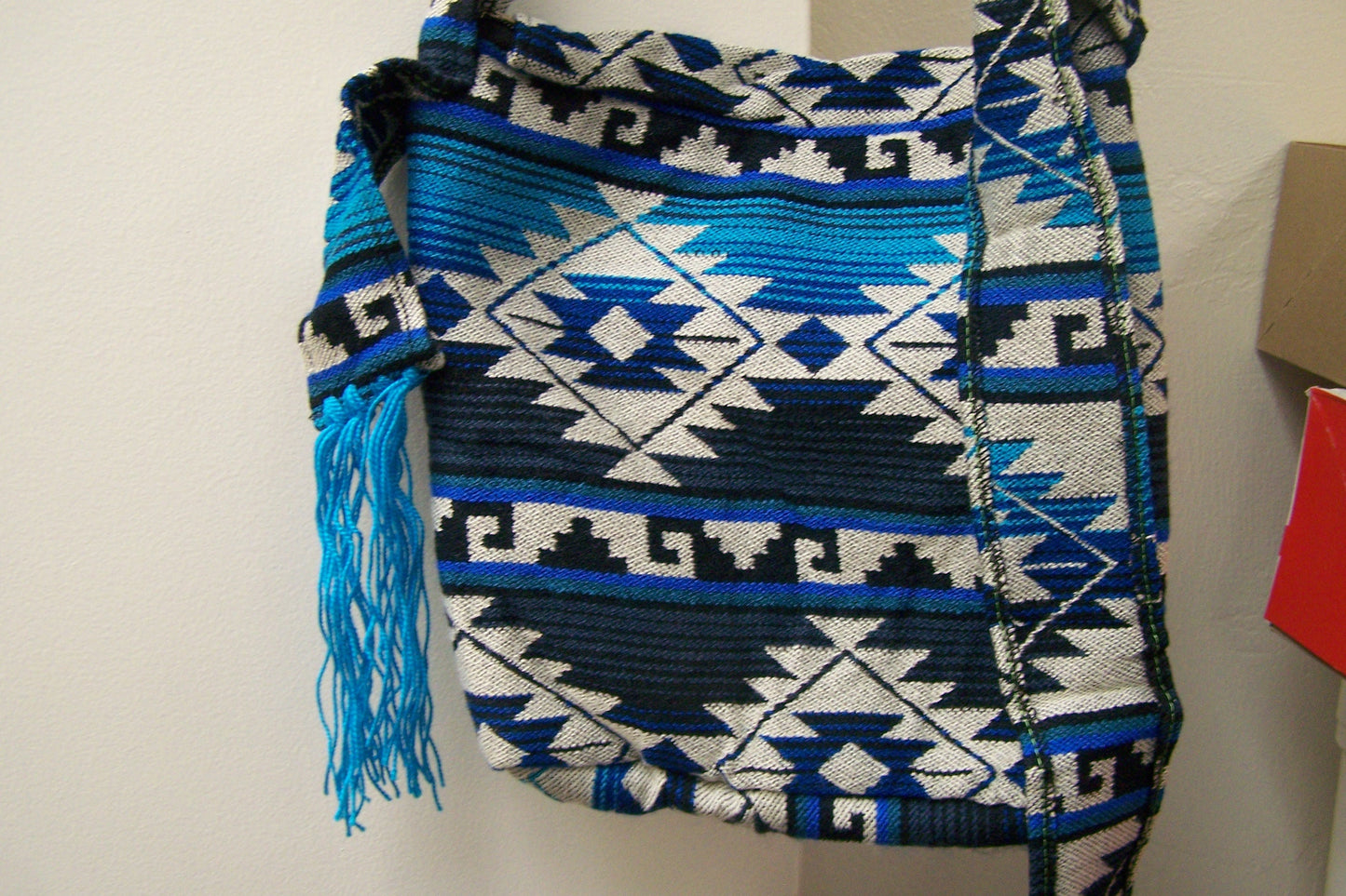 Cotton Ecuadorian Shoulder Bag Purse, Lined Interior, 2 Zipper Pouches - Sky Blue