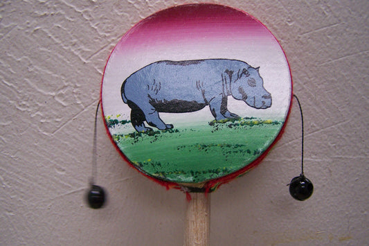 Smaller Folk Art Hand Painted Hand Drum - Hippopotamus - Made in Peru