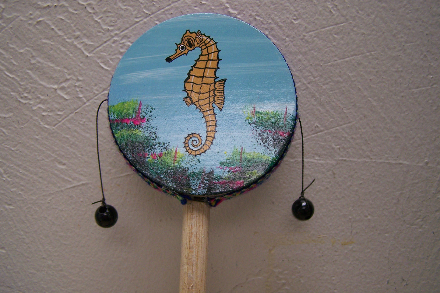 Smaller Folk Art Hand Painted Hand Drum - Seahorse- Made in Peru
