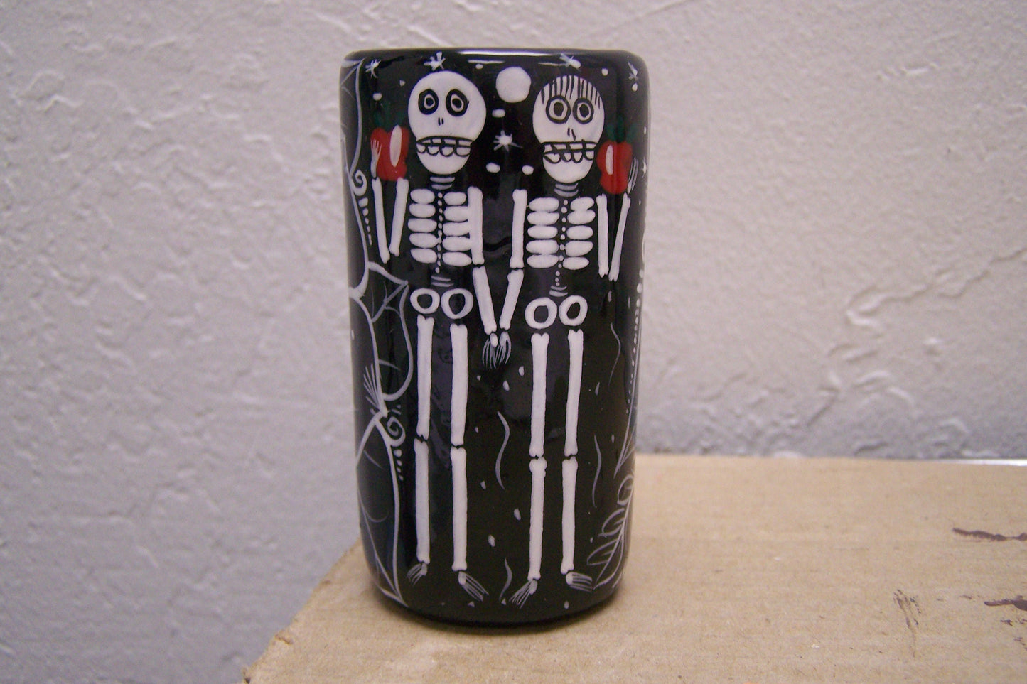 Ceramic Day of the Dead Shot Glass - Skeletons with Apples - Mexico
