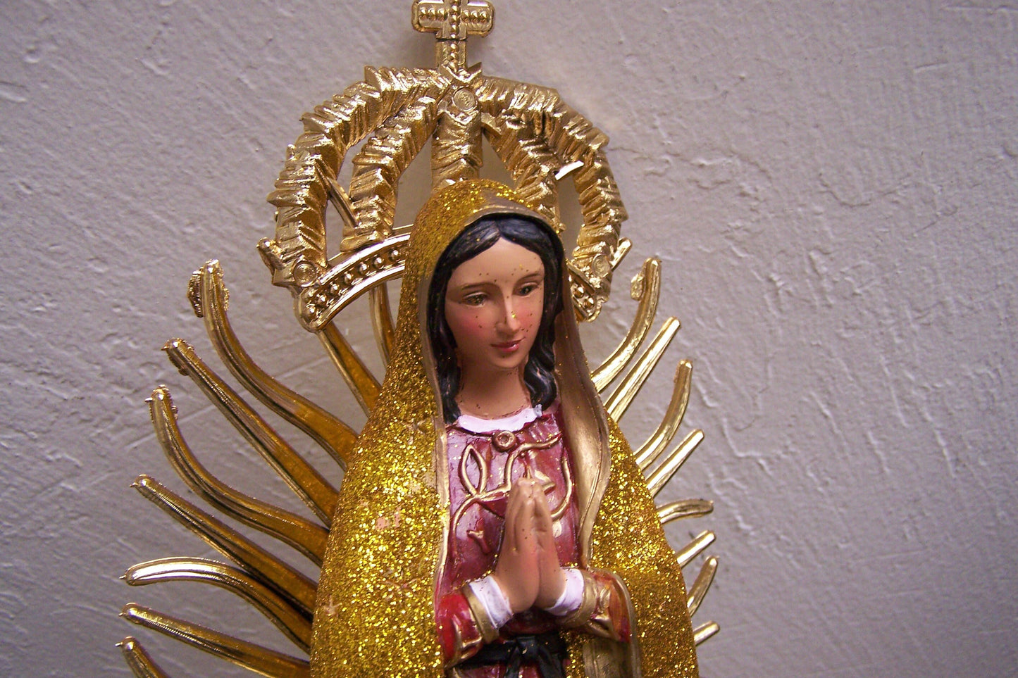 Virgin of Guadalupe 13" Resin Altarpiece Statue - Golden Glitter