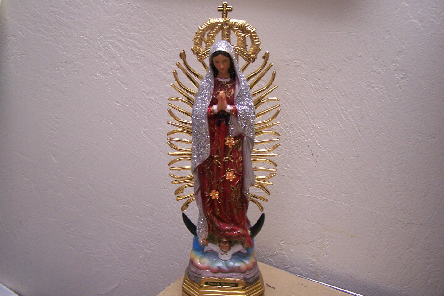 Virgin of Guadalupe 13" Resin Altarpiece Statue - Silvery Glitter