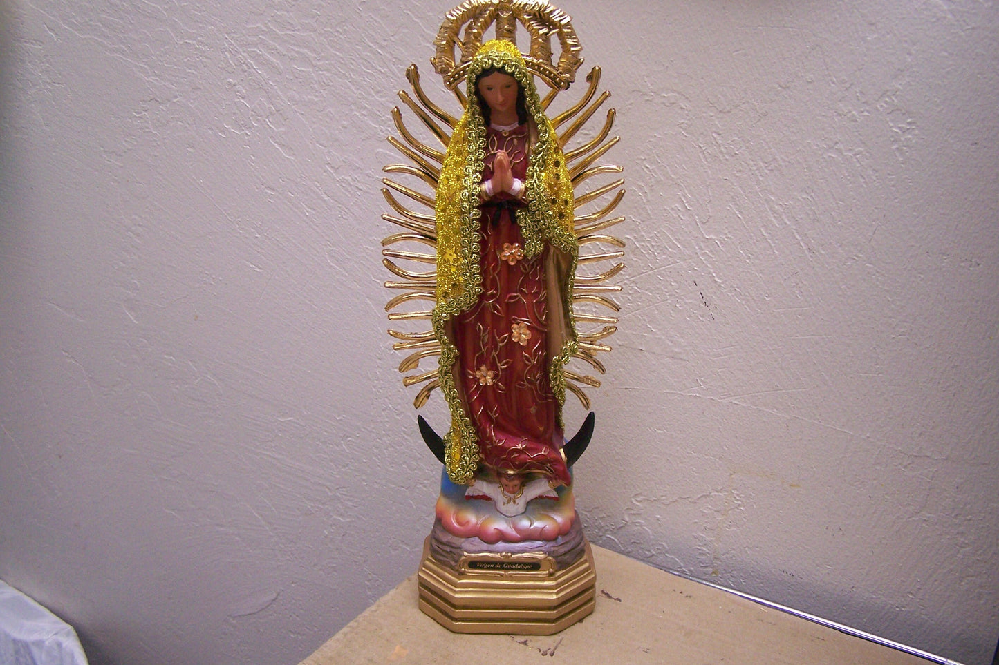 Virgin of Guadalupe 13" Resin Altarpiece Statue - Golden Cloth Cloak