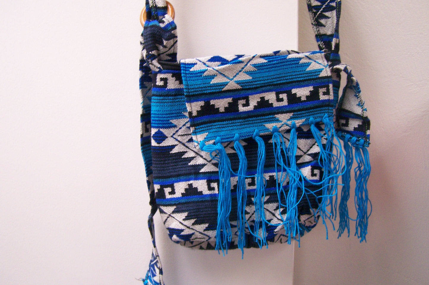 Cotton Ecuadorian Shoulder Bag Purse, Lined Interior, 2 Zipper Pouches - Sky Blue