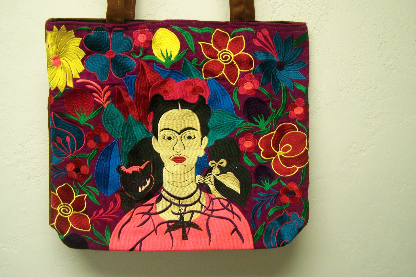 Frida! Large Embroidered Leather Shoulder Bag Purse, Lined Interior, 2 Zipper Pouches, Frida Kahlo - Violet