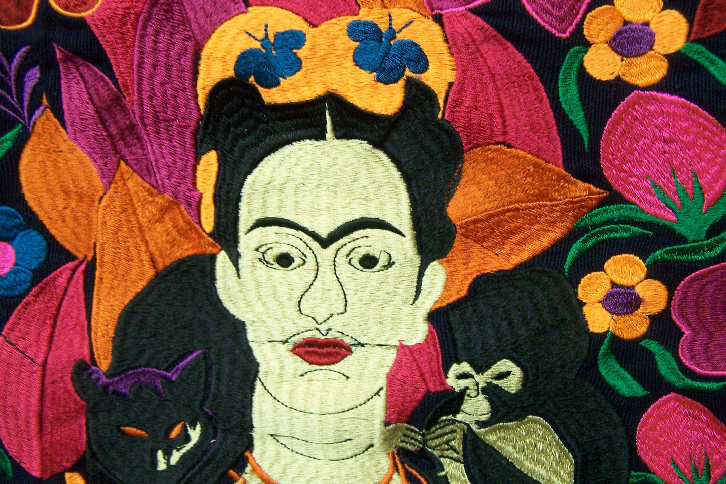 Frida! Large Embroidered Leather Shoulder Bag Purse, Lined Interior, 2 Zipper Pouches, Frida Kahlo - Black #1