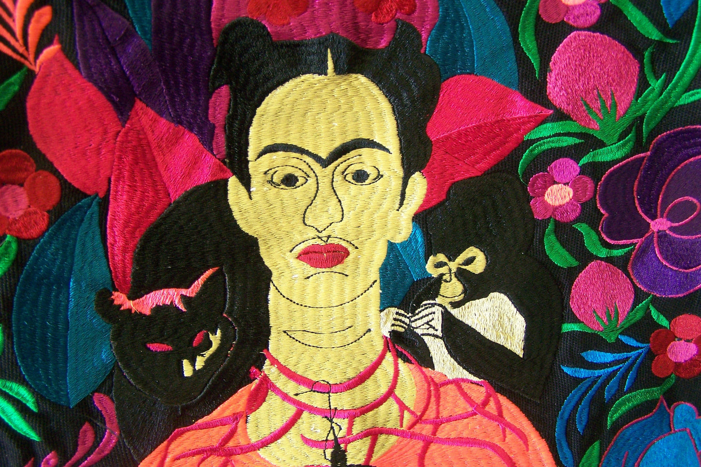 Frida! Large Embroidered Leather Shoulder Bag Purse, Lined Interior, 2 Zipper Pouches, Frida Kahlo - Black #2