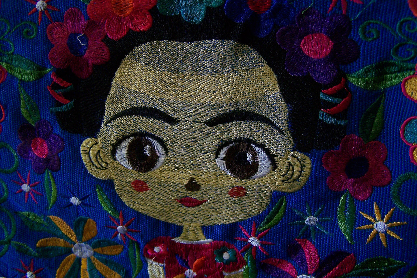 Frida! Large Embroidered Leather Shoulder Bag Purse, Lined Interior, 2 Zipper Pouches, Young Frida Kahlo - Blue #1