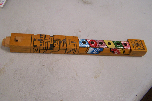 12" Long Hand Carved Wooden Flute - Geometric Inca Motif - Peru