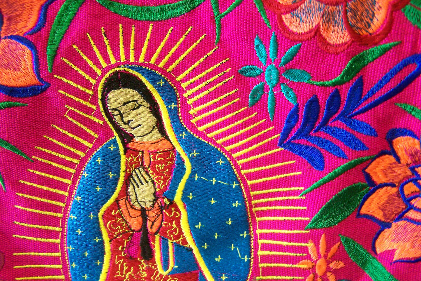 Virgin of Guadalupe Large Embroidered Leather Shoulder Bag Purse, Lined Interior, 2 Zipper Pouches - Pink