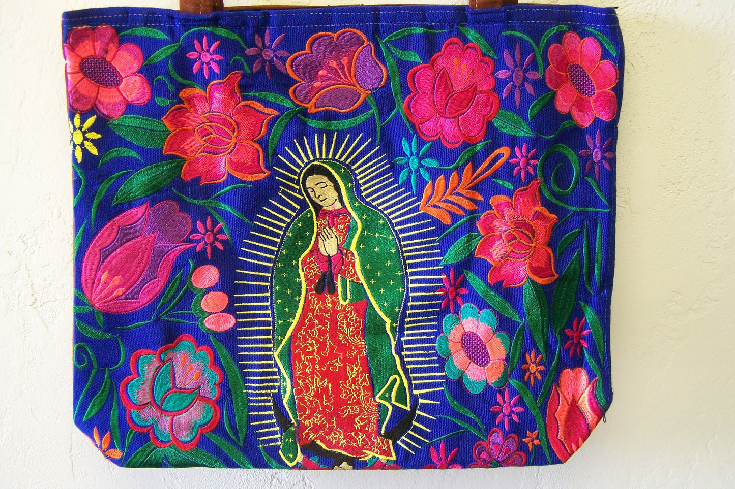 Virgin of Guadalupe Large Embroidered Leather Shoulder Bag Purse, Lined Interior, 2 Zipper Pouches - Dark Blue