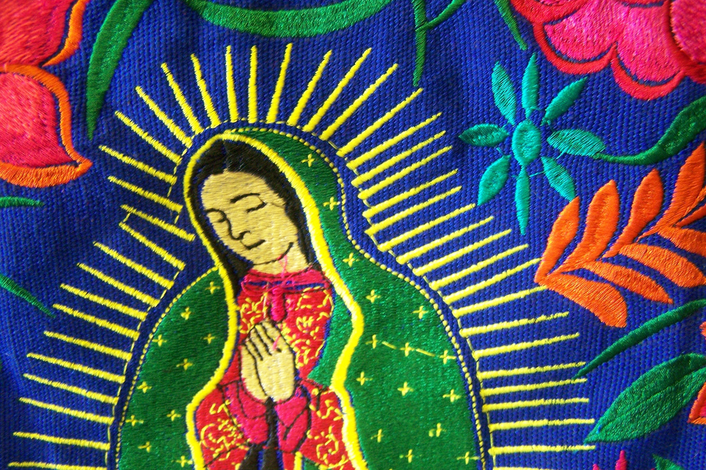 Virgin of Guadalupe Large Embroidered Leather Shoulder Bag Purse, Lined Interior, 2 Zipper Pouches - Dark Blue