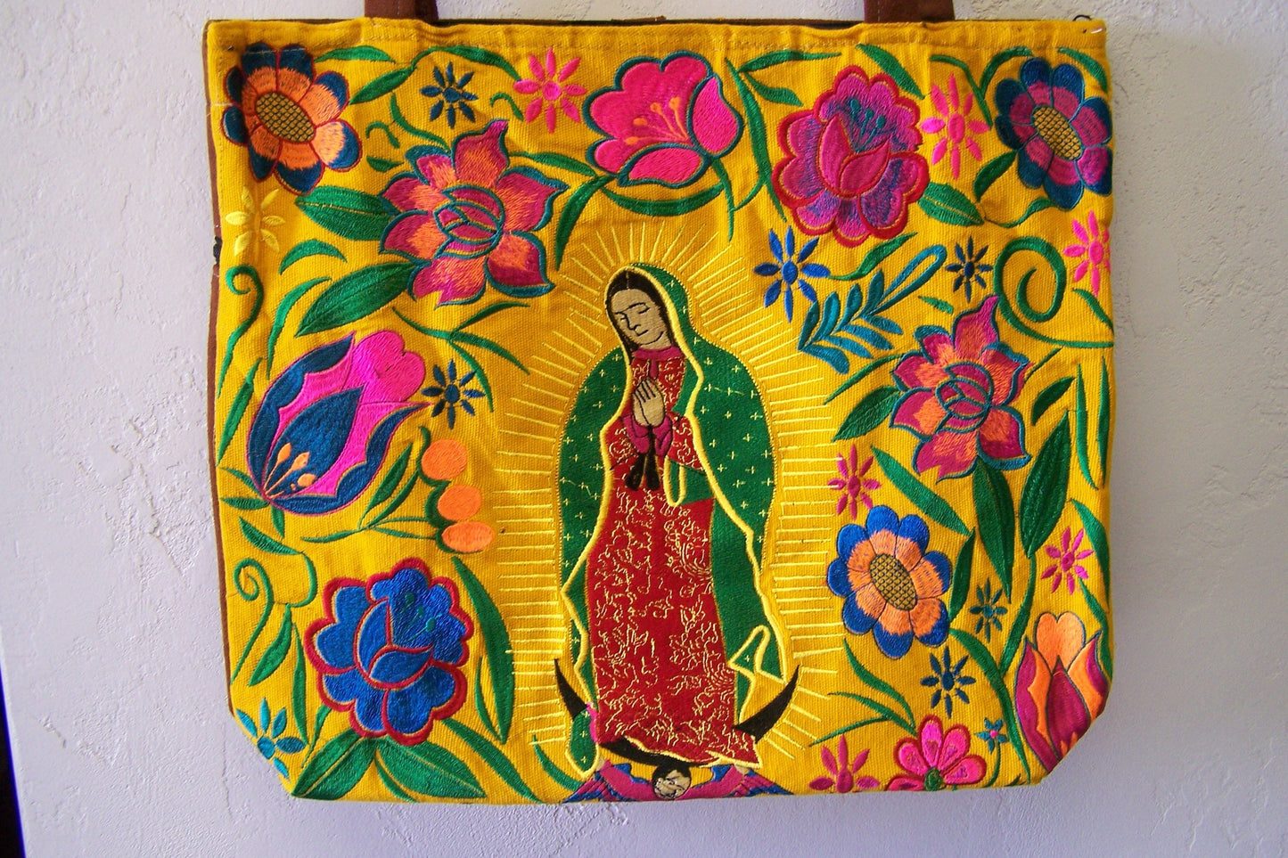 Virgin of Guadalupe Large Embroidered Leather Shoulder Bag Purse, Lined Interior, 2 Zipper Pouches - Yellow