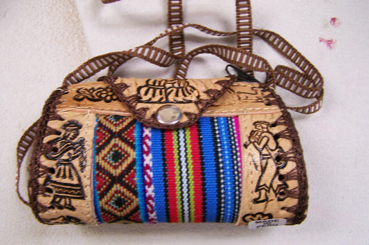 Small Etched Leather and Cloth "Chica Purse" Shoulder Bag - Peru