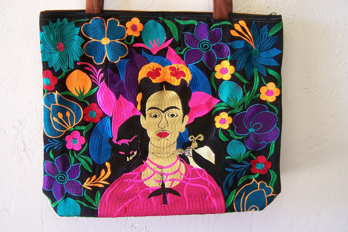 Frida! Large Embroidered Leather Shoulder Bag Purse, Lined Interior, 2 Zipper Pouches, Frida Kahlo - Black #3