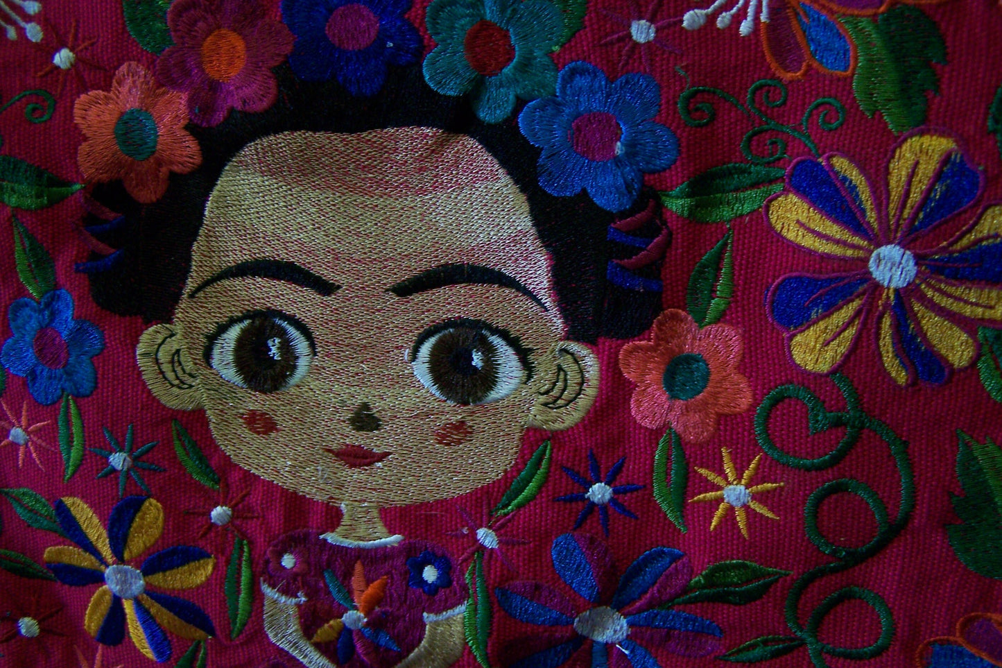 Frida! Large Embroidered Leather Shoulder Bag Purse, Lined Interior, 2 Zipper Pouches, Young Frida Kahlo - Red