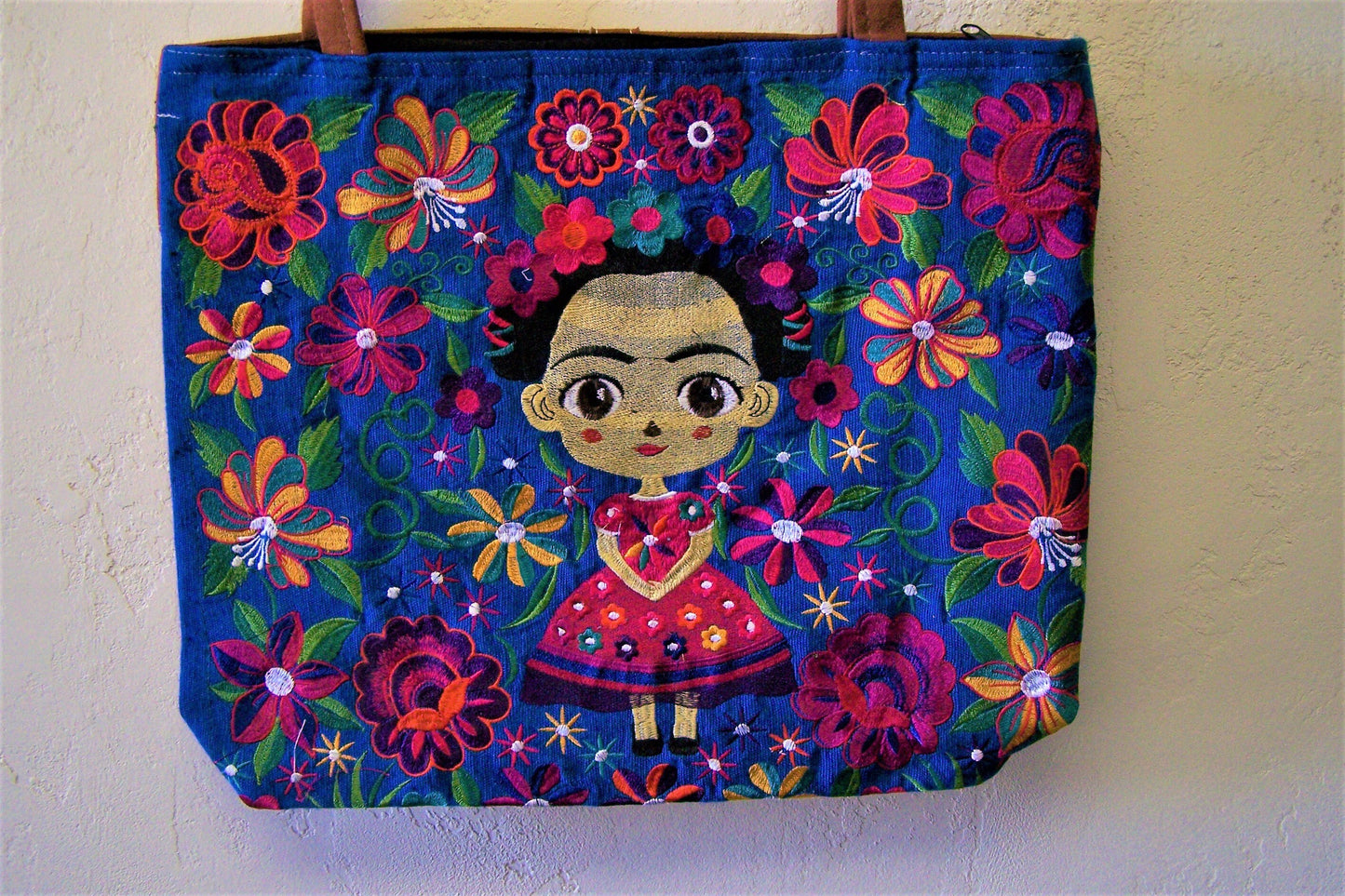 Frida! Large Embroidered Leather Shoulder Bag Purse, Lined Interior, 2 Zipper Pouches, Young Frida Kahlo - Blue #1