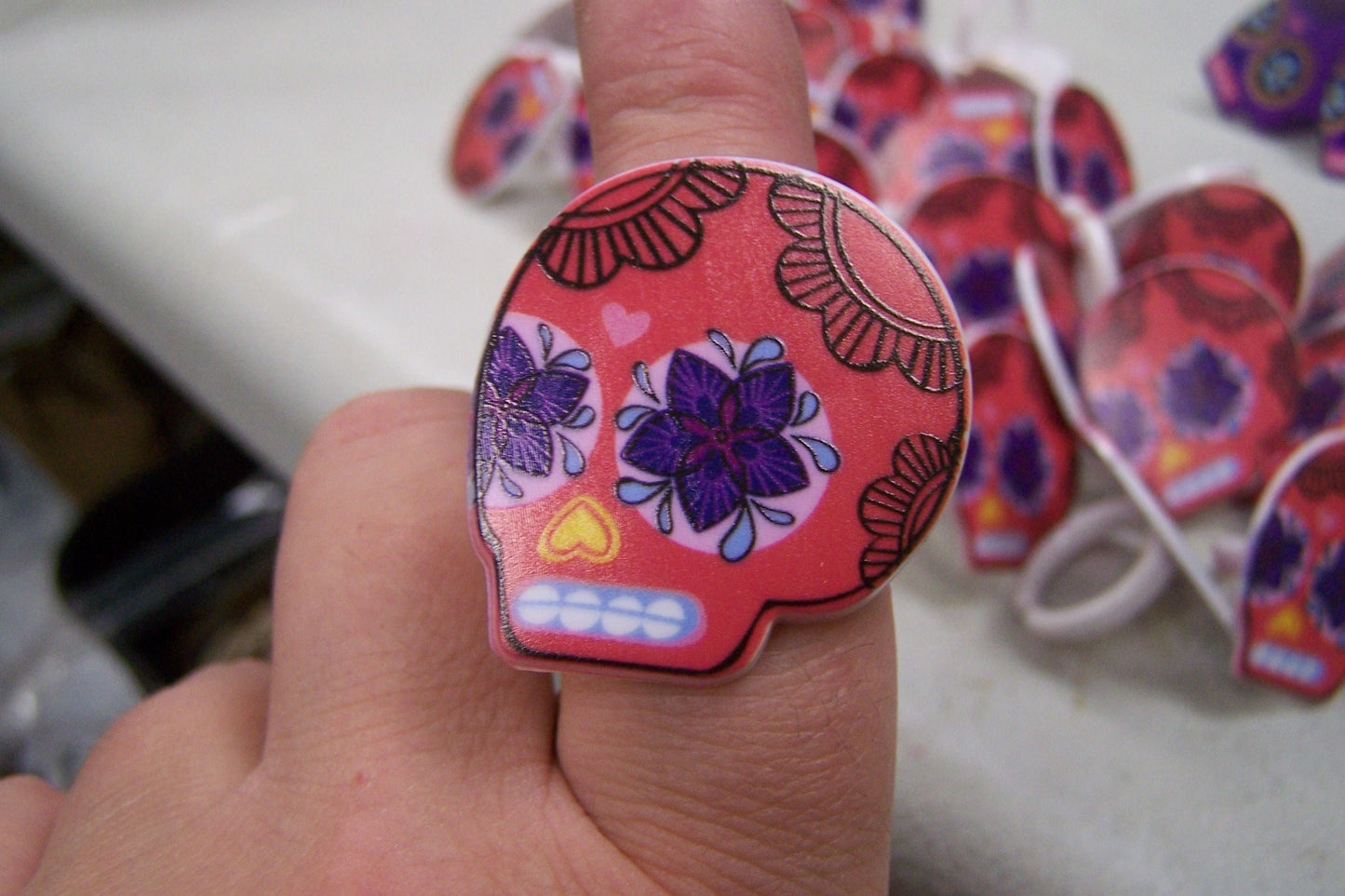 Day of the Dead Sugar Skull Plastic Rings, Lot of 36  - Red - Dia de los Muertos